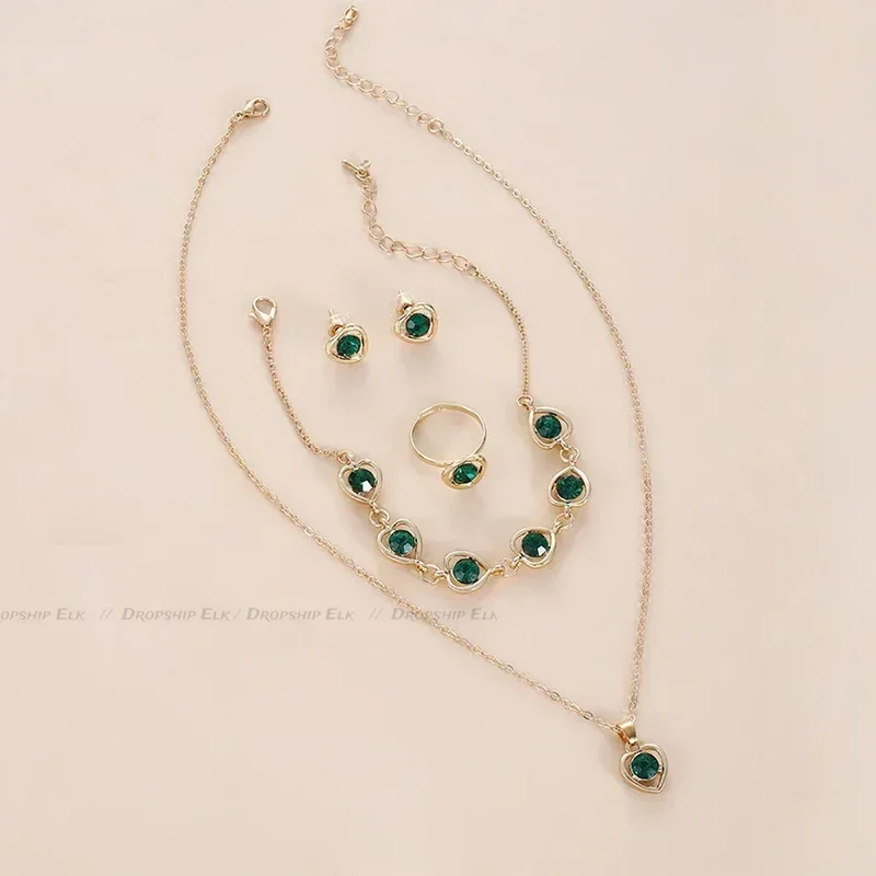 5PCS Set Fashion Elegance Rhinestone Double Heart Gold-Color Heart Shaped Jewelry Set Ring Earrings Necklace For Women Jewelry