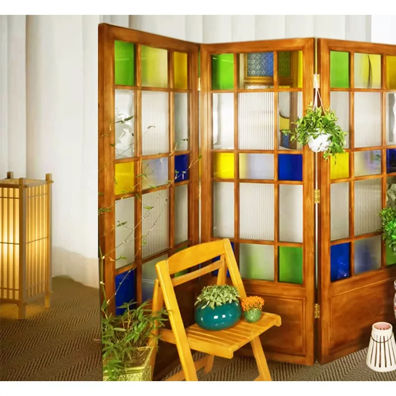 Pastoral casual retro old folding screen living room restaurant coffee club homestay stained glass