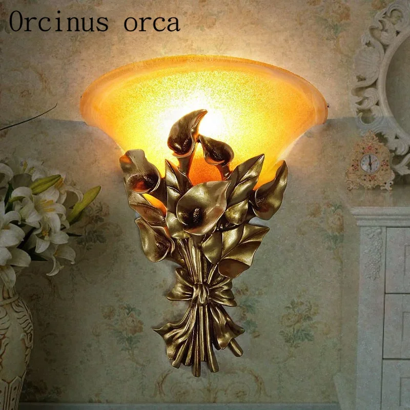 

American garden golden calla wall lamp living room bedroom corridor resin engraving LED wall lamp free shipping