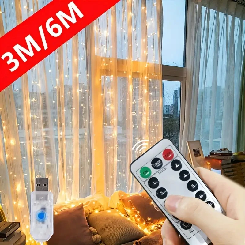 

Party Birthday Wall Decoration LED 8 Mode 3/6M Garland Wedding Fairy Light Christmas Light USB Curtain String Lamp Holiday Decor