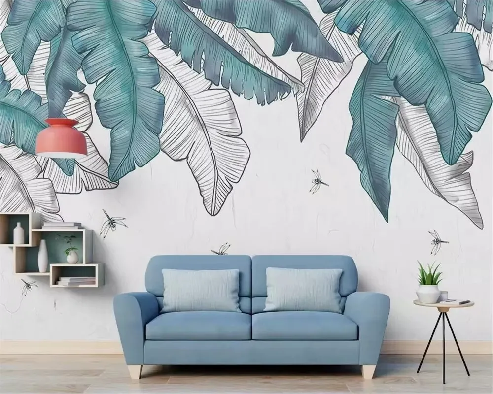 

Customized 3d wallpaper hand drawn watercolor plant leaves butterfly murals home decoration banana leaf decoration paintings