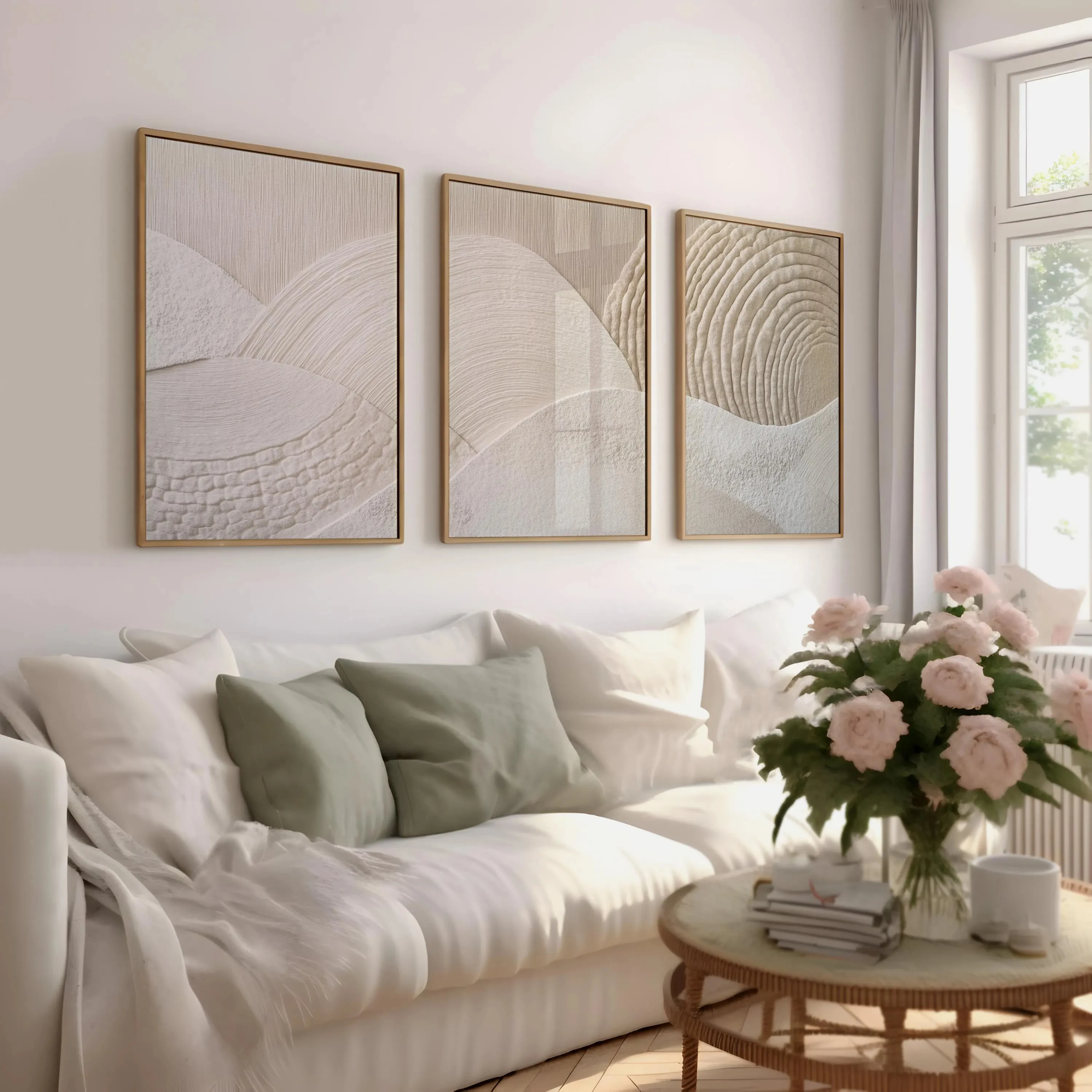 3PCS Large-sized frameless canvas paintings,Boho Neutral Textured Abstract Canvas Wall Art Set,3D Minimalist Beige Mountain Prin