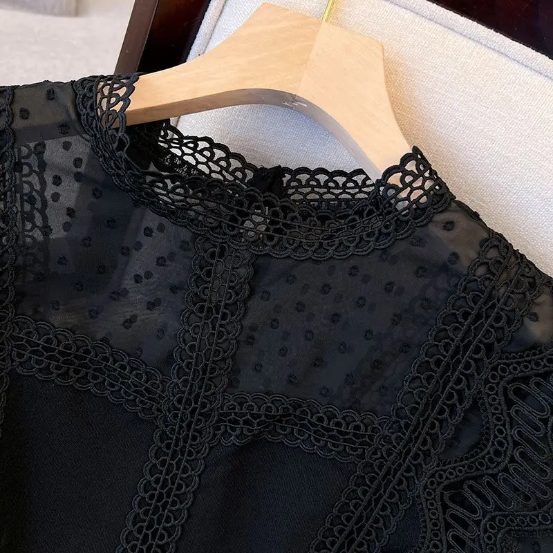 Blusa de gasa con encaje para mujer, camisa holgada de manga larga con cuello redondo, Color sólido, a la moda ropa elegante, Color negro, novedad