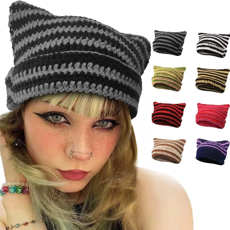 Japanese Beanie Hat for Women Little Devil Striped Knitted Wool Cap Autumn and Winter Cute Cat Ears Warmer Bonnet Casual Cap