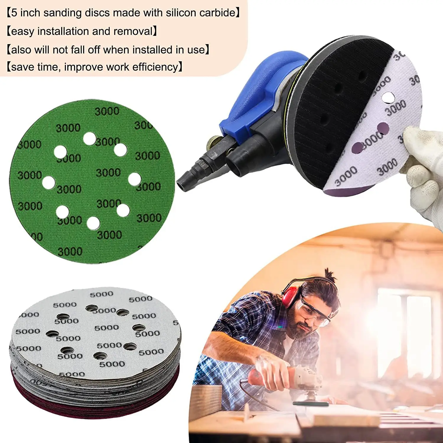 Inventory-30Pcs 5-Inch Sanding Disc Sets, Hook&Loop 5-Inch 8-Hole Combination (800/1000/1500/2000/3000/5000) Sandpaper Mix Silic