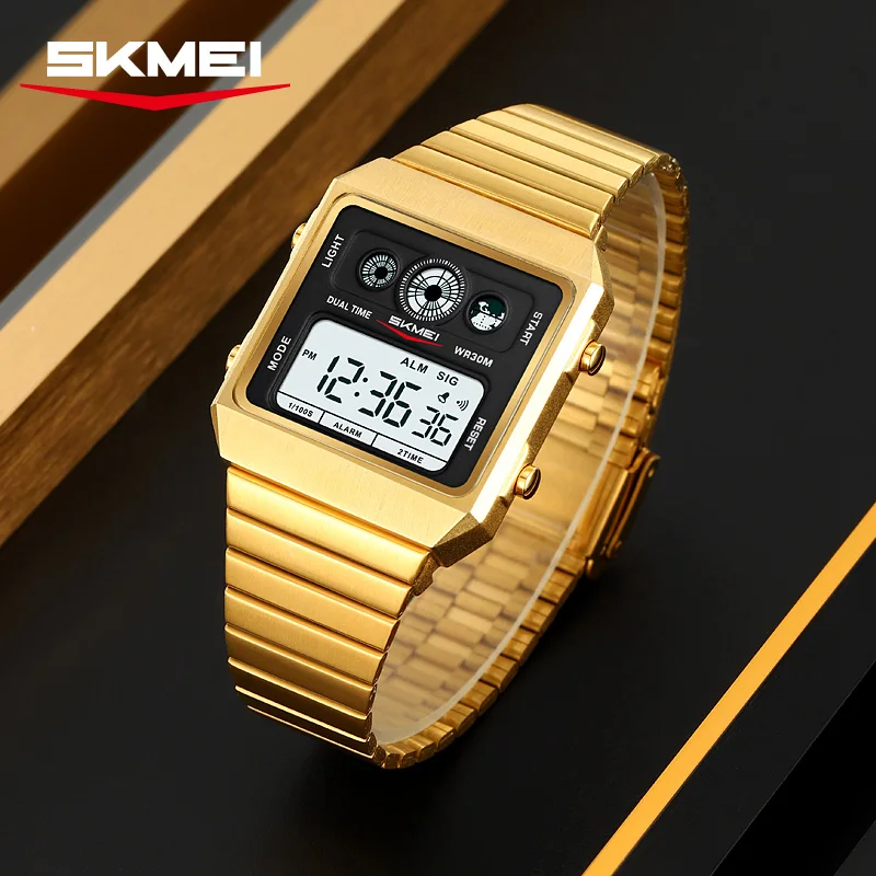 SKMEI 2450 ธุรกิจโลหะดิจิตอลสแควร์นาฬิกาสําหรับชายนับถอยหลังนาฬิกาจับเวลา Hombre สัปดาห์นาฬิกา Back Light นาฬิกาข้อมือ Mens