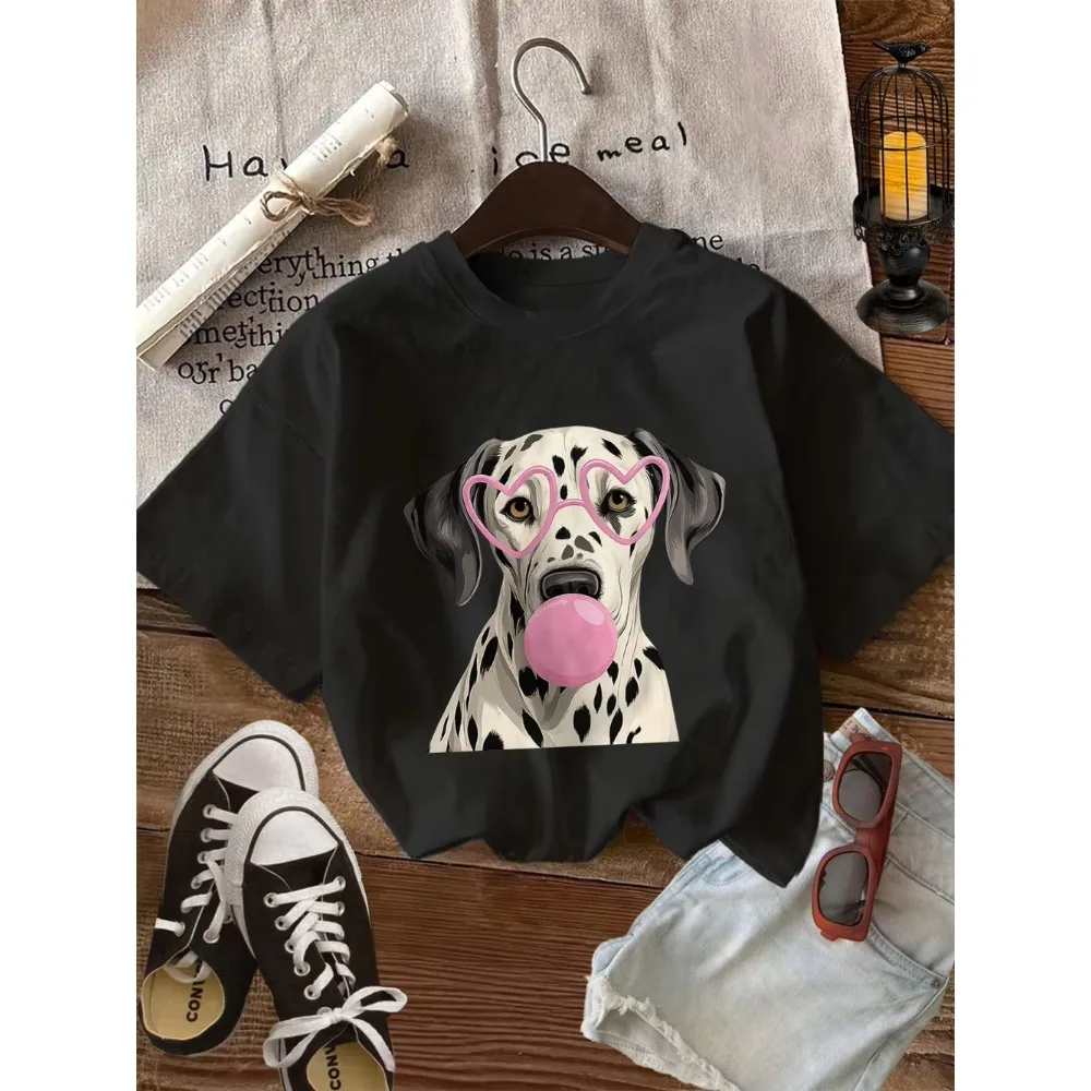 Funny Dalmatian Dog Graphic Cotton Printed T-Shirt Cute Pink Bubble Gum Heart Glasses Tee Summer Harajuku Tops Women Men