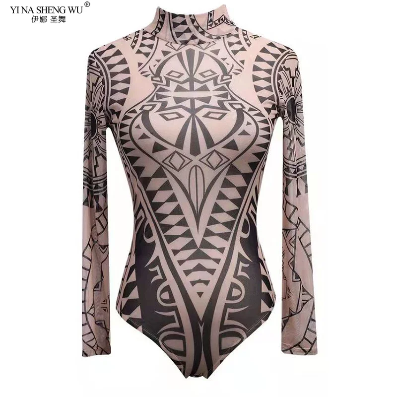 Dance Practice One-piece Top Adult Women's Slim-fit Top European and American Mesh Pattern Printed One-piece Top