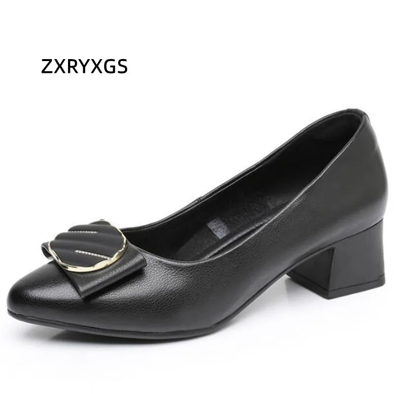 ZXRYXGS Premium Cowhide Bow Fashion Leather Shoes Banquet Office Mid Heels 2024 Comfortable Elegant Small Size 31 Plus Size 43