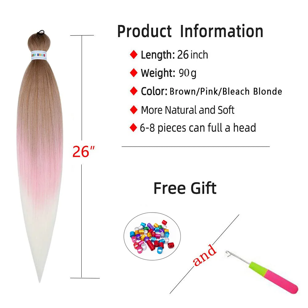 Sintético Jumbo trança extensões de cabelo, fibra resistente ao calor, a granel atacado, pré esticado, rosa, amarelo, 26"