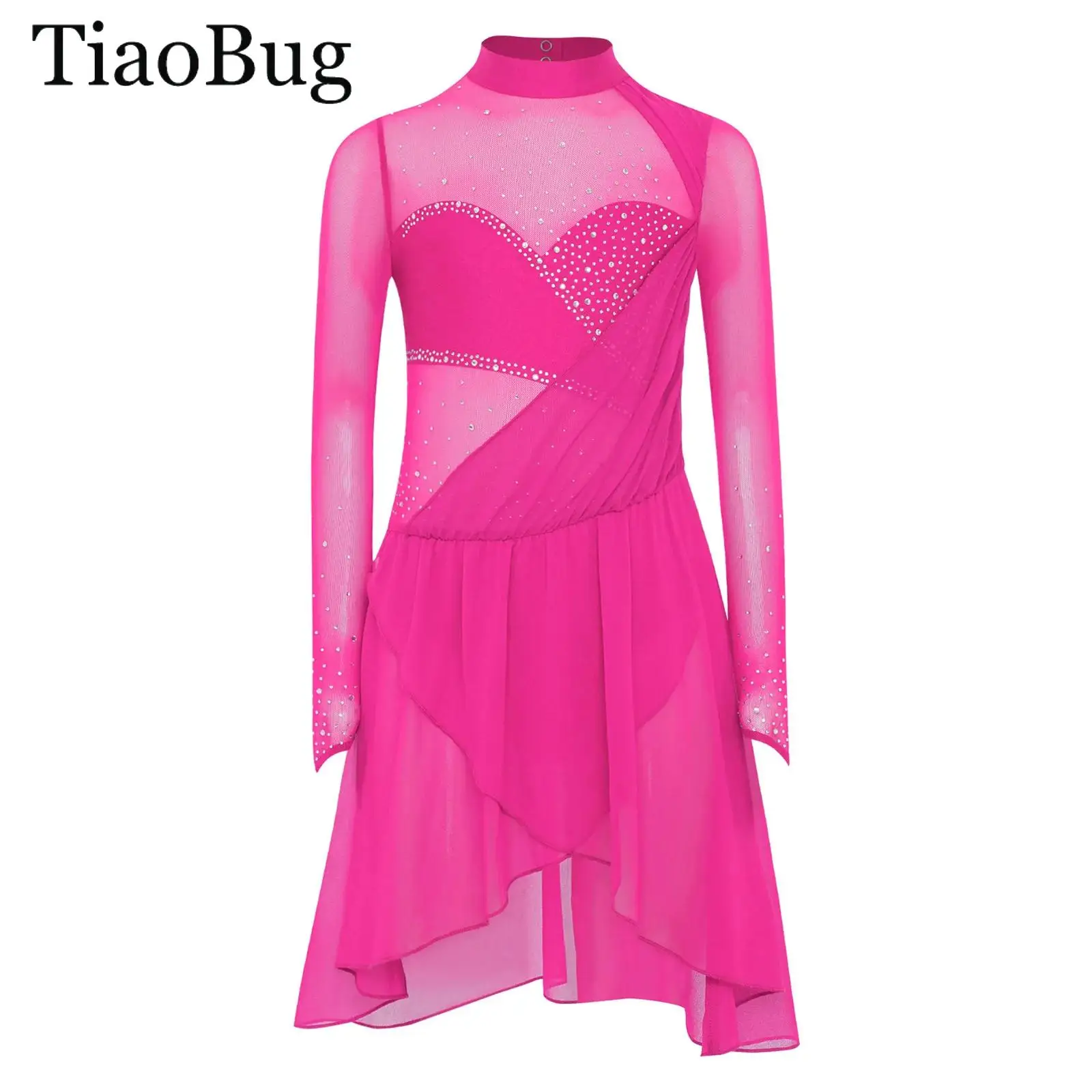 

Girls Sparkly Rhinestones Ballet Gymnastics Figure Ice Skating Leotard Dress Long Sleeves Sheer Mesh Split Lyrical Dance Costume