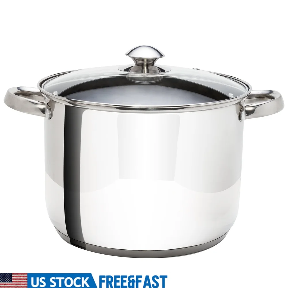 

Stainless Steel Stock Pot with Lid 8 Quart Durable Induction Compatible Dishwasher Safe Fast Even Heating Tempered Glass Lid