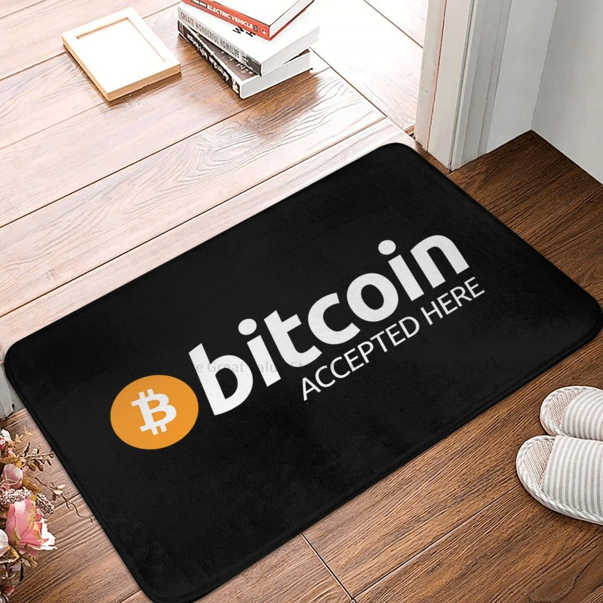 Polymère de crypto-monnaie pour chambre à coucher, Bitcoin accepté ici, Doorvirus, tapis de salon, extérieur, décoration de la maison