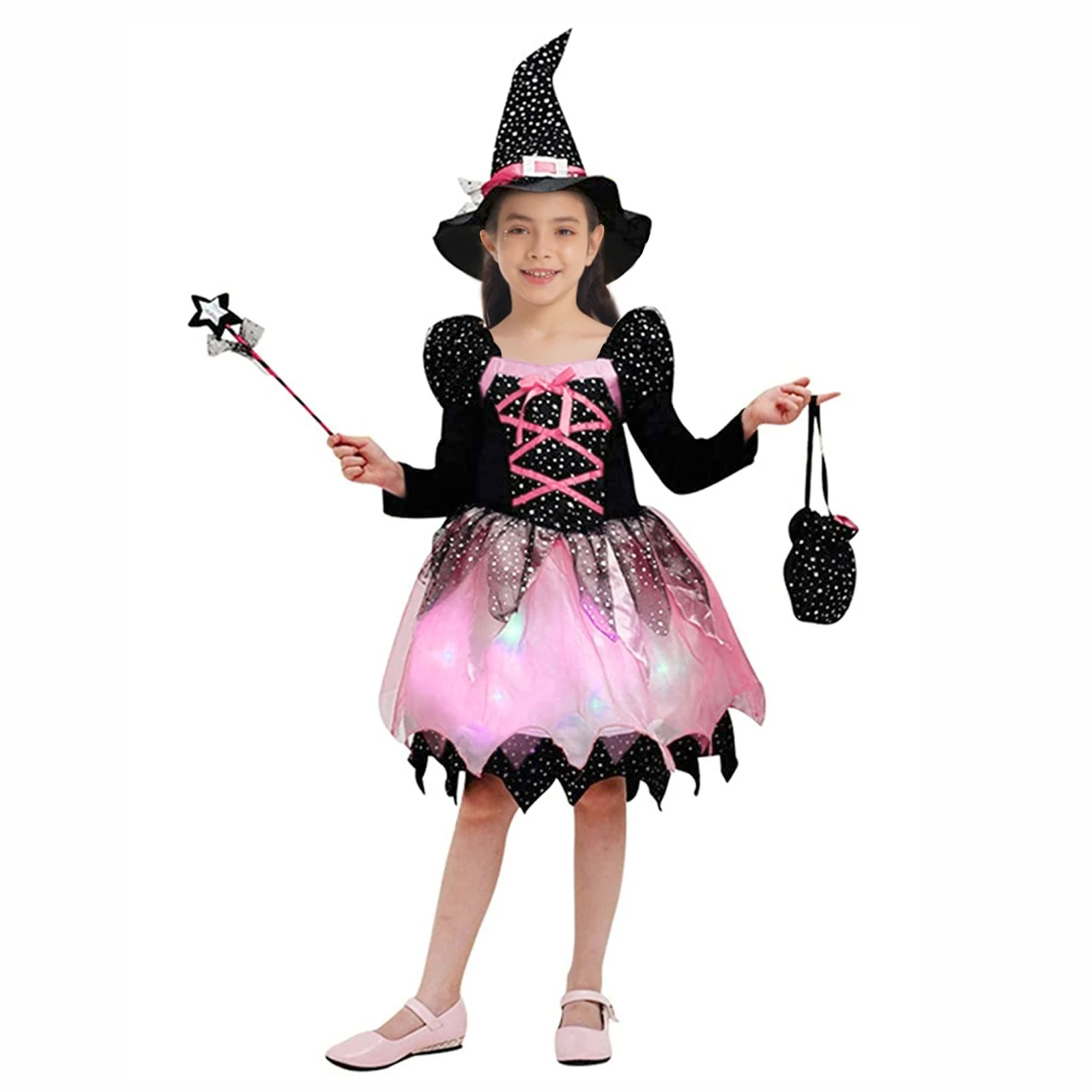 

Girls Witch Costume Kids Halloween Cosplay Carnival Party Dress Up Sparkly Stars Printed Dress With Pointed Hat Wand Candy Bag