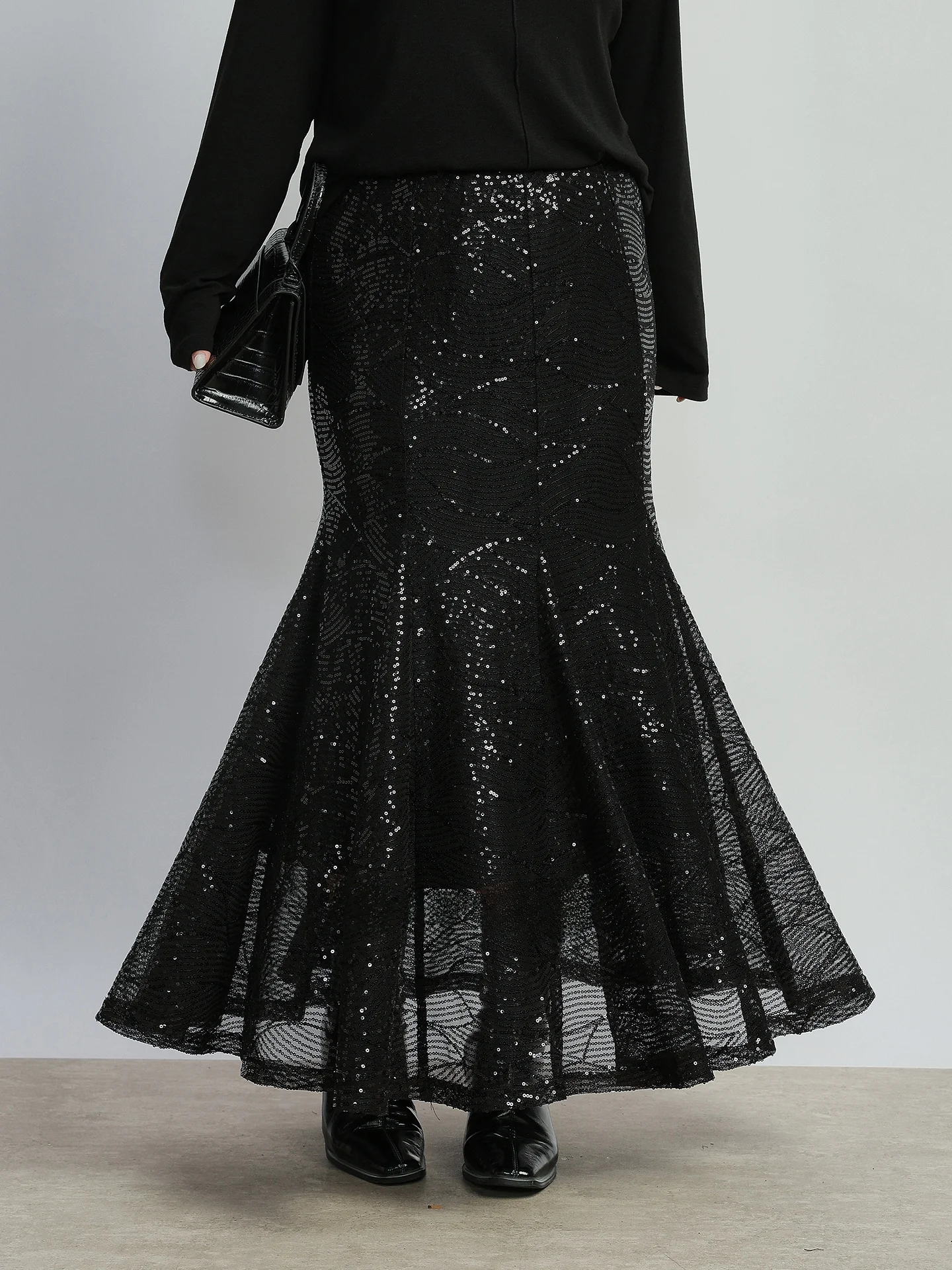 

Юбка-миди с пайетками и эффектом утяжки для женщин больших размеров, с завышенной талией, А-силуэт, длинная юбка