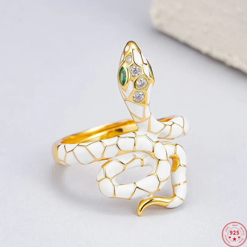 

S925 Sterling Silver Rings for Women Men Gilded Enamel White Spirit Snake Inlaid Zircon Fashion Jewelry Wholesale