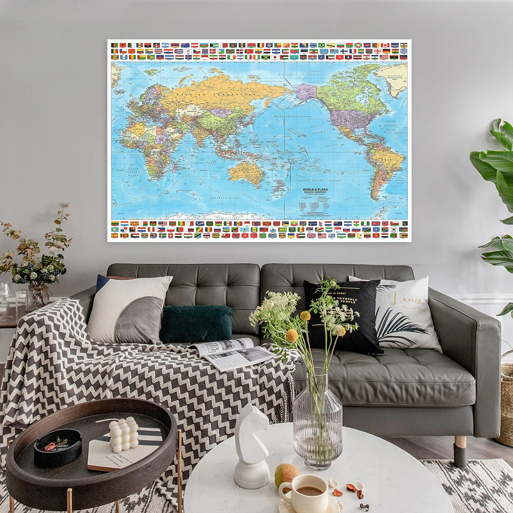 100*70cm The Map of World in English with National Flag Foldable Non-woven Fabric Home Wall Decor School Classroom Supplies