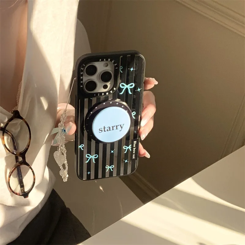 الرجعية شريط مرآة الأزرق ربطة القوس فيونكة جراب هاتف ل magsafe آيفون 16 15 14 13 برو ماكس حافظة لطيف الحلو الفاخرة تصفيح غطاء الكرتون