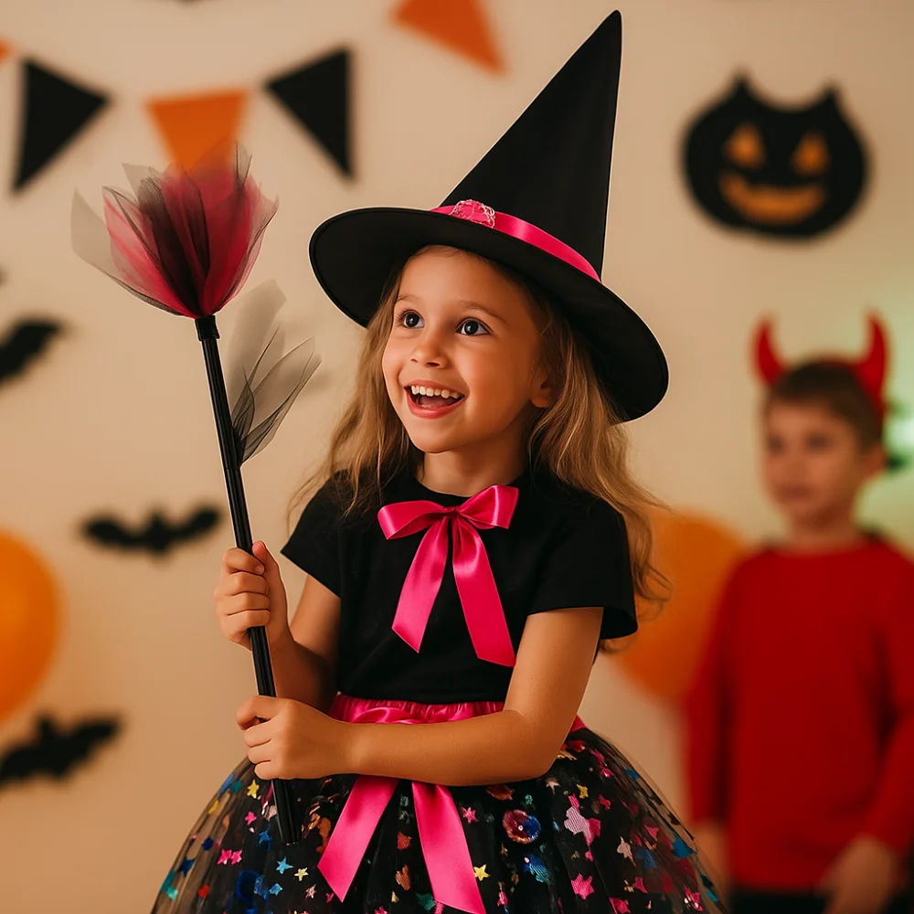 3 szt./zestaw Strój Czarodzieja dla Dzieci na Halloween, Kapelusz Szpiczasty, Jasne Kolory, Zestaw Sukienki Wiedźmy dla Dzieci, Kostium Cosplay, Rekwizyty, Miotła