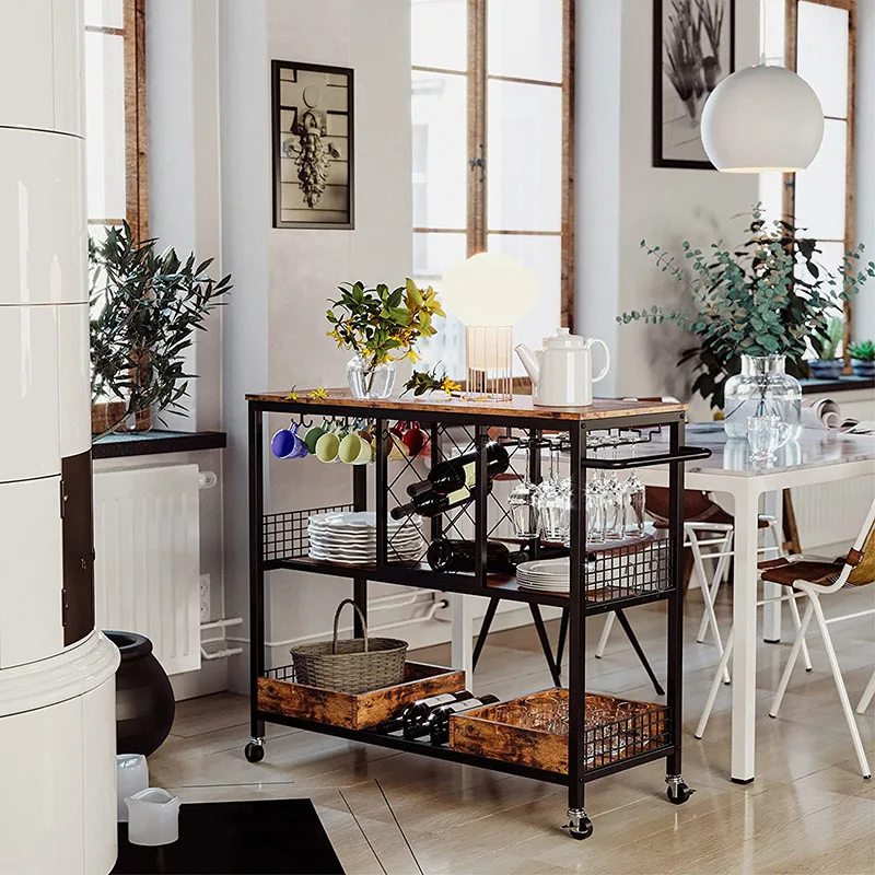 Movable kitchen rack, push dining cart floor-to-ceiling layered wine rack, multi-functional storage rack