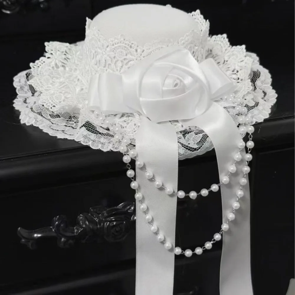 Retro Black/White Color Hair Clip Chain Bow Lace Trim Gothic Rose Headband Lolita Headdress