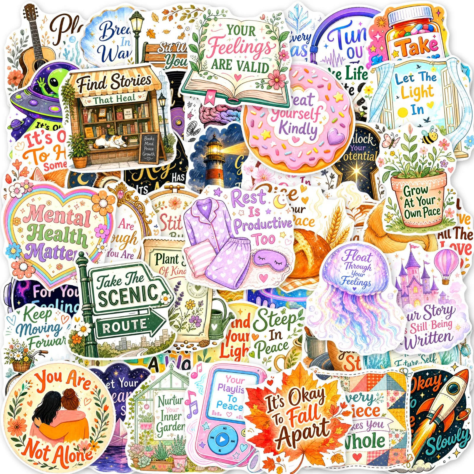50 Pcs Mental Health Healing English Stickers Watercolor Inspirational Waterproof Vinyl Decals for Journal Laptop Gift