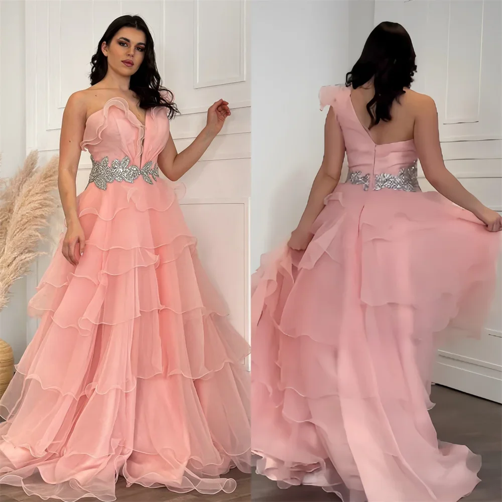 Customized Saudi Arabia Prom Dress Dearin One Shoulder Ball Floor Length Open Back Skirts Draped Tulle Sleeveless Bead Flouncing