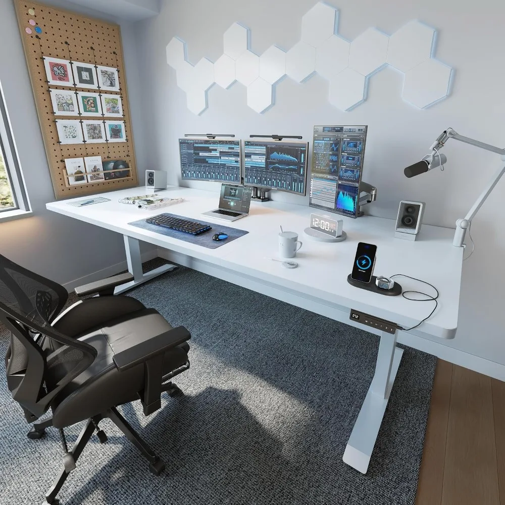 71x37 Inch Dual-Beam Electric Desk with Cable Management, Memory Height for Home Office, Thick White Tabletop