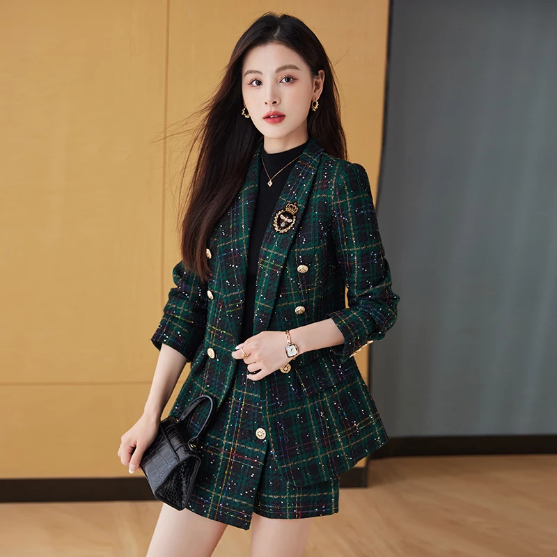 Tweed Blazer and Shorts for Ladies, Small Fragrance Plaid Suits, Double Breasted, High Waisted, Two-Piece Sets, Autumn Winter