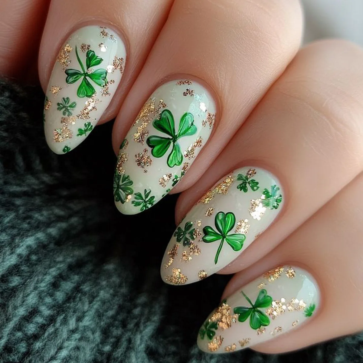 Uñas postizas medianas para mujeres y niñas, diseño de sombrero con flora verde, para el Día de San Patricio, forma cuadrada almendrada, uñas postizas a presión