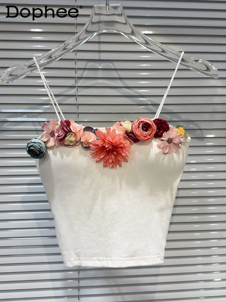 

Sweet Colorful Flower Pin White Tank Top for Women 2024 Summer Sponge Brassiere Pad Camisole Korean Fashion Clothing Crop Top