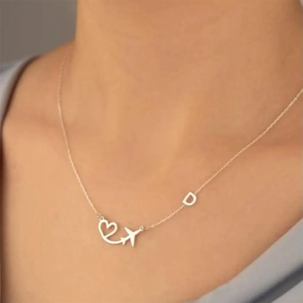 Personalized Heart Airplane Initial Pendant Necklace For Women Custom Letter Stainless Steel Jewelry Mama Birthday Christmas view 3