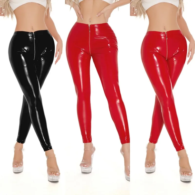 New Red Black PU Leather Pants Zipper Crotch Slimming Trousers Spring Autumn Sexy Nightclub stage Pole Dance Leggings