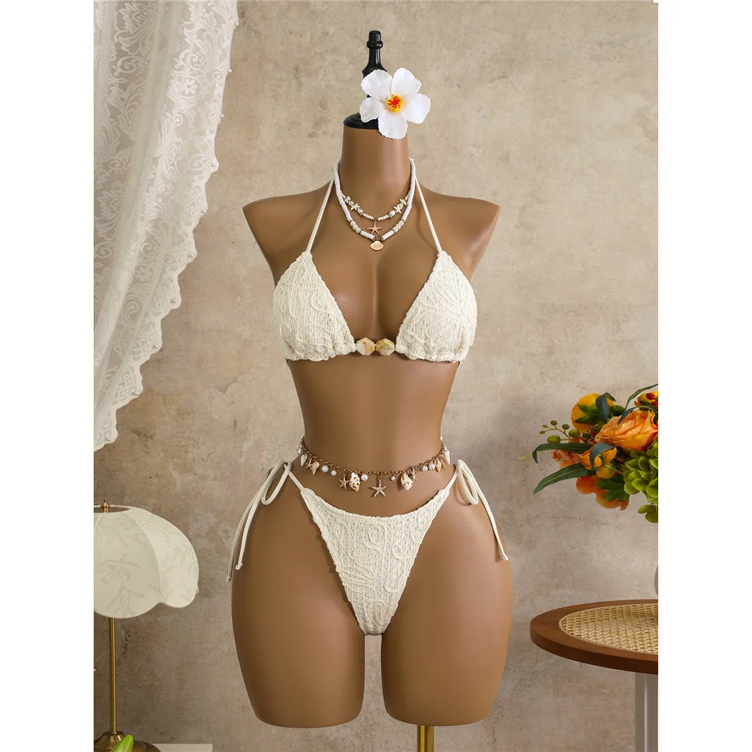 Mit Sarong-Halterneck-Bikini, bedruckter Bikini, Damen-Badebekleidung, dreiteiliges Bikini-Set, gepolsterter Badeanzug, Badebekleidung, Badeanzug, Modell V8073. – Detail 11