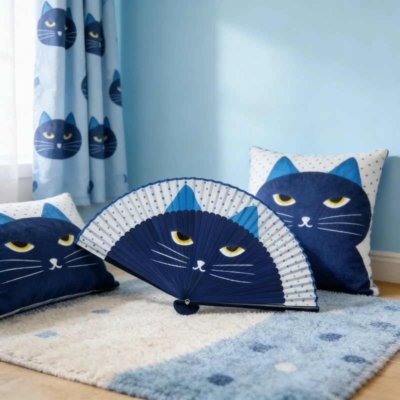 Popular Lovely Chinese Style Quality Plastic Cartoon Summer Gift Cat Patterns Folding Fan Crafts Home Decoration Silk Fan