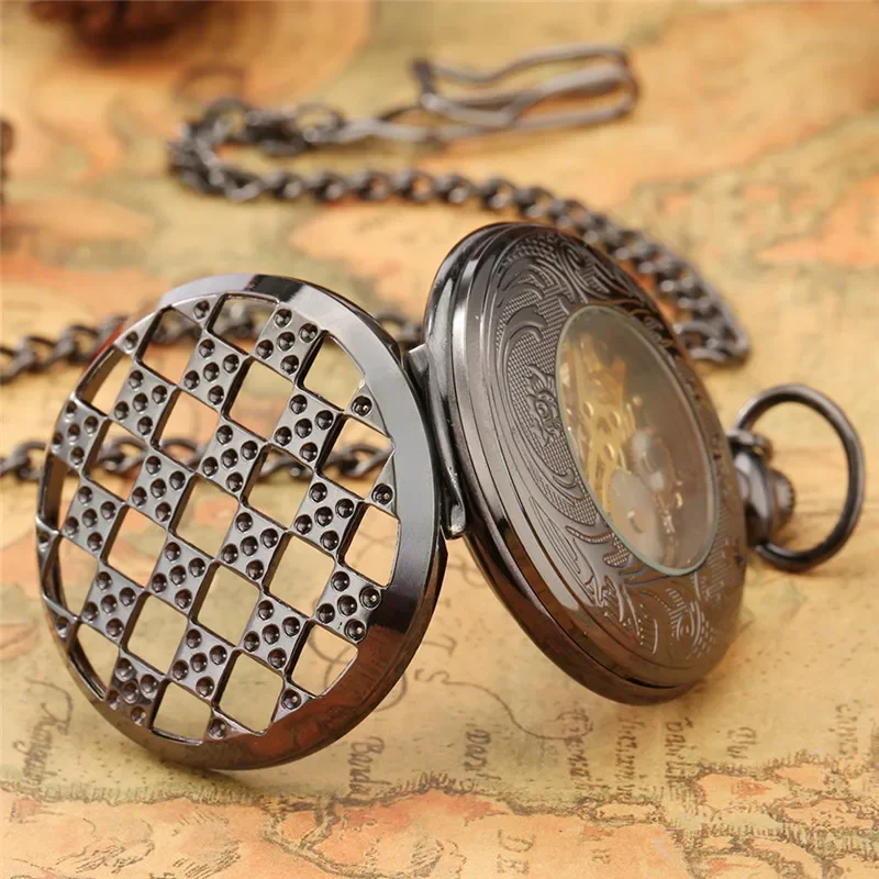 Steampunk Hollow-out Rhombus Cover Unisex Hand-wind Mechanical Pocket Watch Luminous Hands Arabic Number FOB Chain Gift