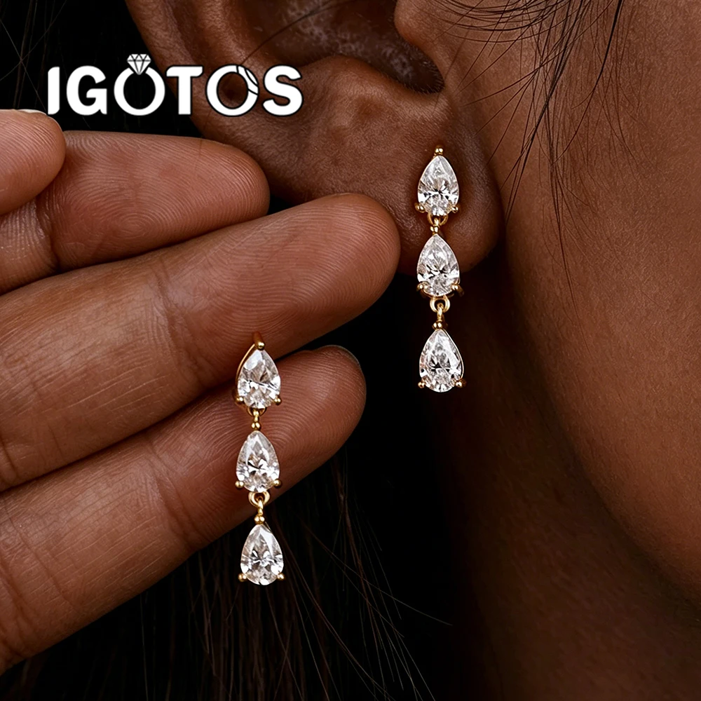 3cttw Pear Cut Pear Cut Full Moissanite Drop Earrings for Women S925 Silver Plated 18K Gold 3-Stones Dangle Diamond Earrings
