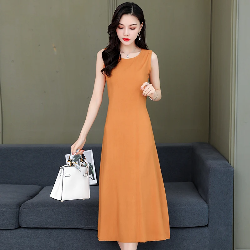 8 Colors Sleeveless Vintage Summer Dress Women Casual Solid Color Women Dress O-Neck Elegant Sundress Women Black Long Dress