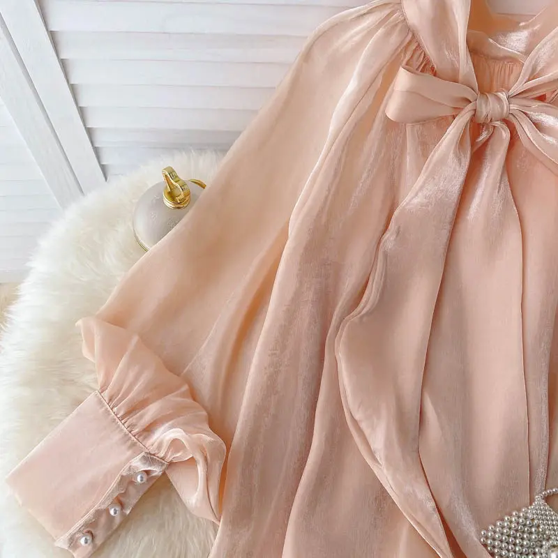 Vintage effen blouse met lange mouwen en pofmouwen Koreaanse mode Sexy kantoordame Shirt dameskleding