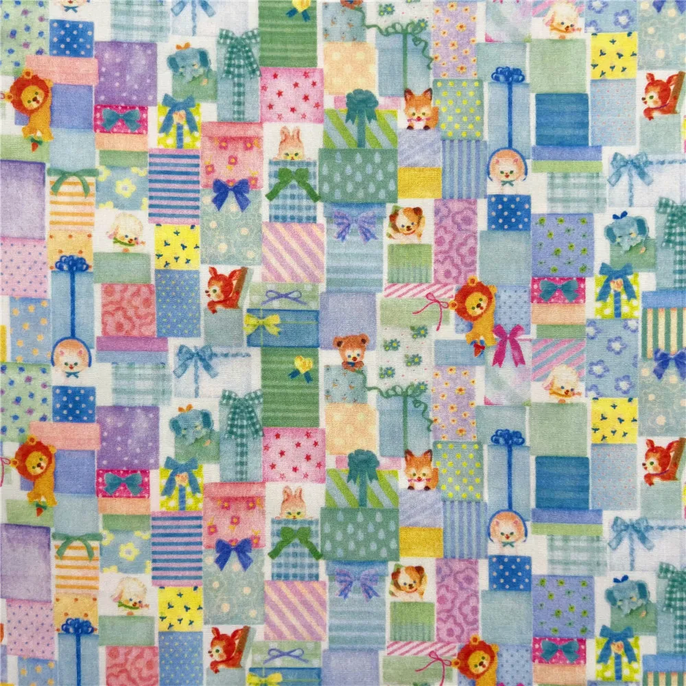 Japan Showa Blue grid animals Cotton poplin Fabric dress Printed Fabrics DIY Needlework Apparel baby Dress Sewing