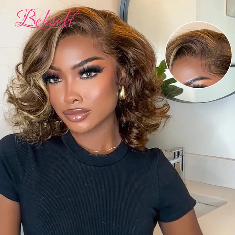 

4/27 Highlight Wigs Human Hair Short Bob Wigs Pre-Styled Side Part Body Wave Glueless Wig 4x4 13x4 HD Lace Front Human Hair Wigs