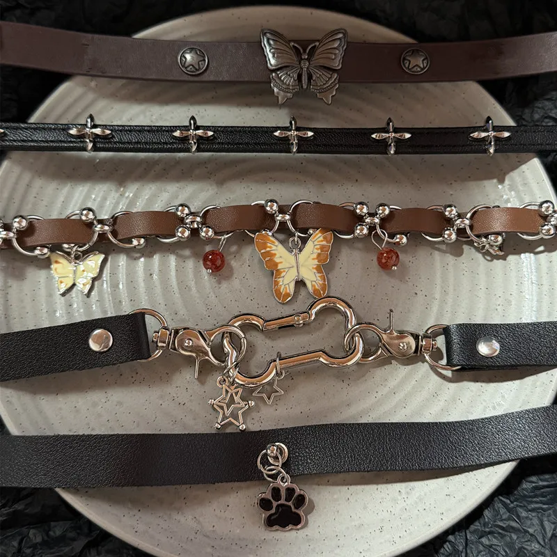 Y2K Punk Dog Claw Bone Butterf Choker Necklace for Women Trendy Exquisite PU Leather Charm Y2K Sweet Cool Party Jewelry Gift