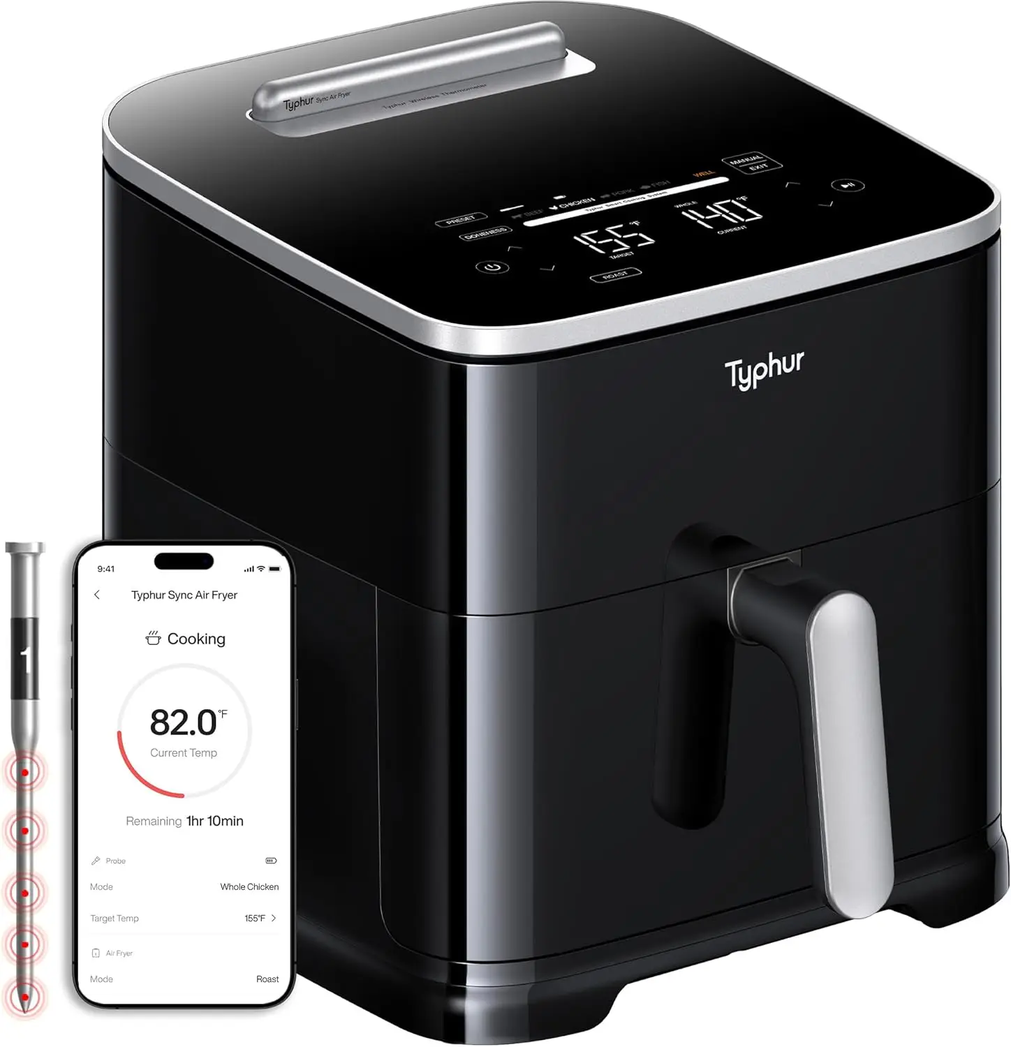 

Typhur Sync 8QT AI Smart Air Fryer with Built-in Wireless Meat Thermometer, 9-in-1 XL Non Toxic Ceramic Airfryer, 450°F Max, Coo