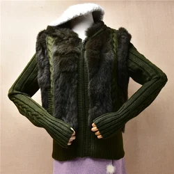 04 Ladies Women Fall Winter Clothing Thick Warm Rex Rabbit Hair Hand Knitted Hoodie Long Sleeves Slim Zippers Cardigans Sweater