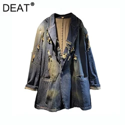 DEAT Women's Denim Blazer Loose Do Old Broken Holes Notched Collar Distressed Suit Jackets 2024 New Fashion Autumn 29L8995