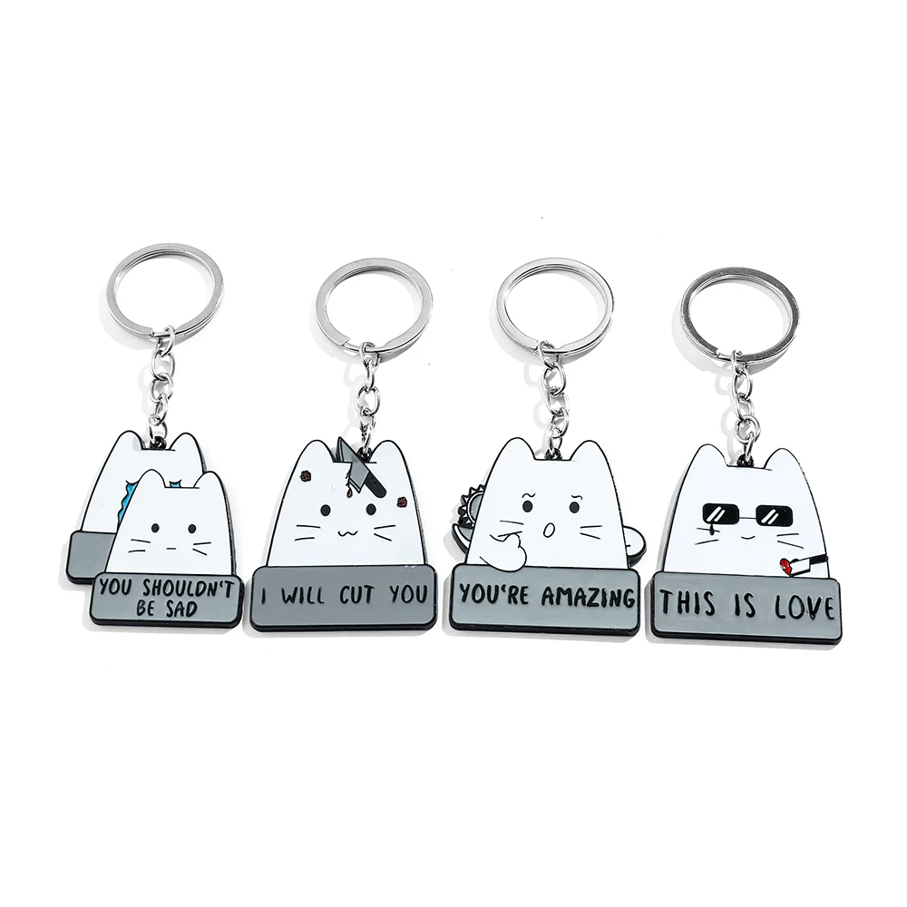 Cartoon White Cat Enamel Metal Badge Keychain Knife Animal Funny Humor Drop Shipping Jewelry Women Kids Gifts Custom Wholesale