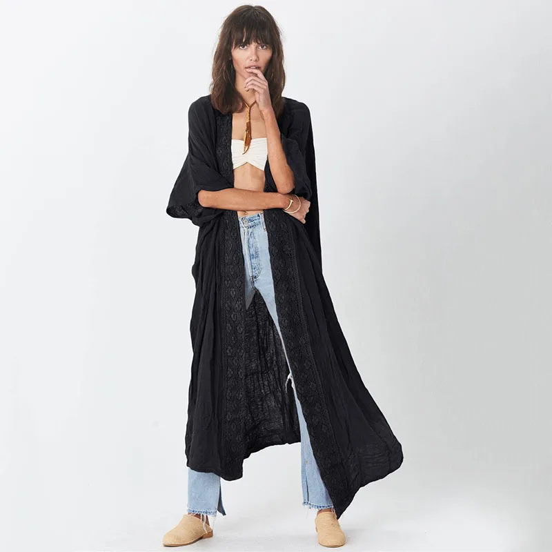 جديد سلوب القطن الدانتيل طويل كيمونو بيكيني يغطي المنبثقة الصلبة شاطئ فستان المرأة الصيف بحر لباس سباحة التستر