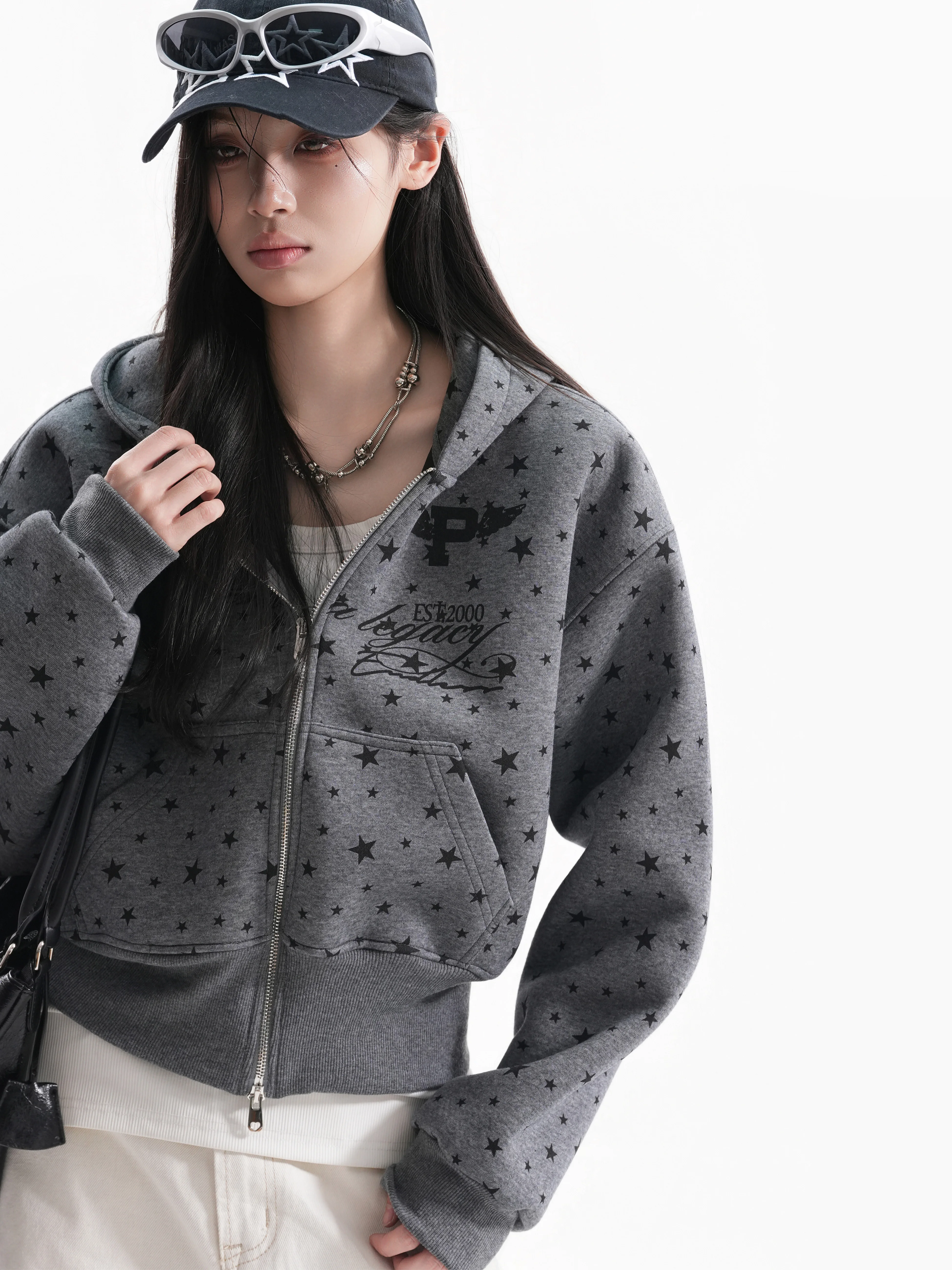 American Retro Star Print Hoodie Women's Loose Waist-Cinching Short Coat Casual Style Cotton Polyester Blend Youth Fashion