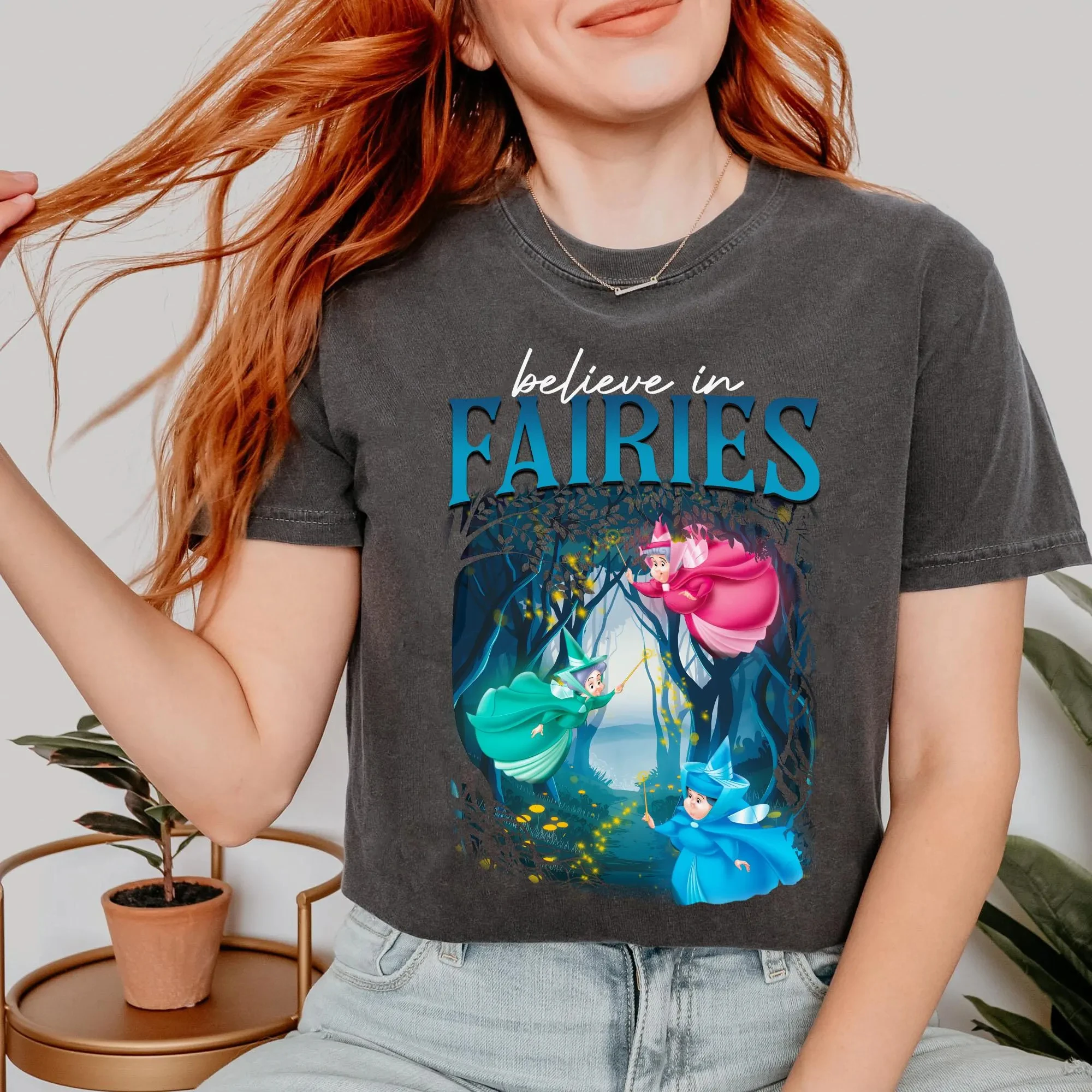 تي شيرت Flora Fauna and Merryweather Believe in Fairy، تي شيرت Disney Sleeping Beauty Fairy Godmother، Disney Family Travel #6
