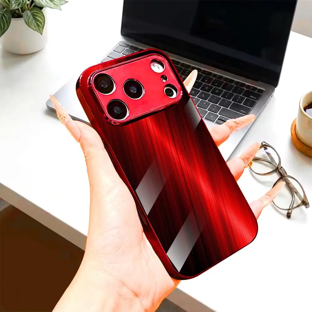 Luxury Red Metallic fashion phone cases Glass Phone Case For iphone 17 pro max cover for iPhone 17、16、15、14、13、12、11pm Pro Plus